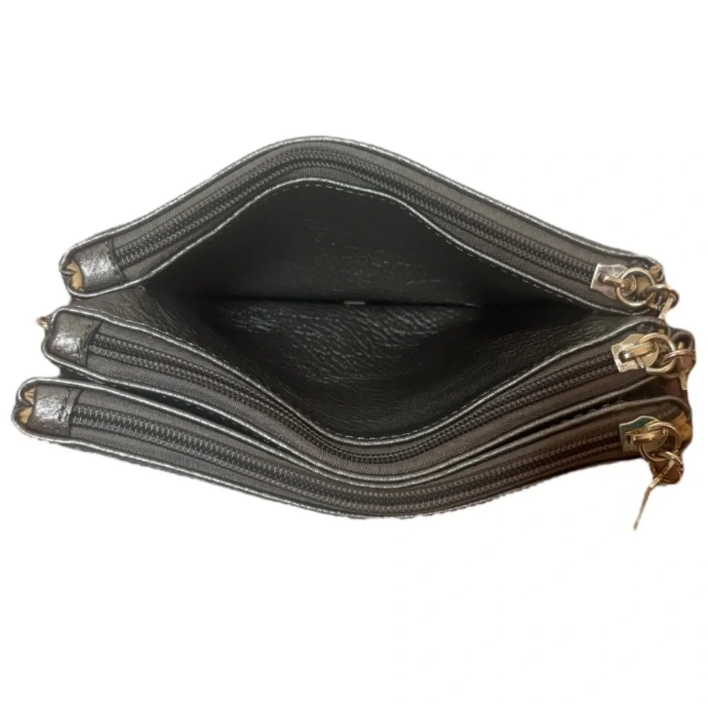 Michael Kors Crossbody Wristlet Metallic Multi Compartments Pewter Silver Gold